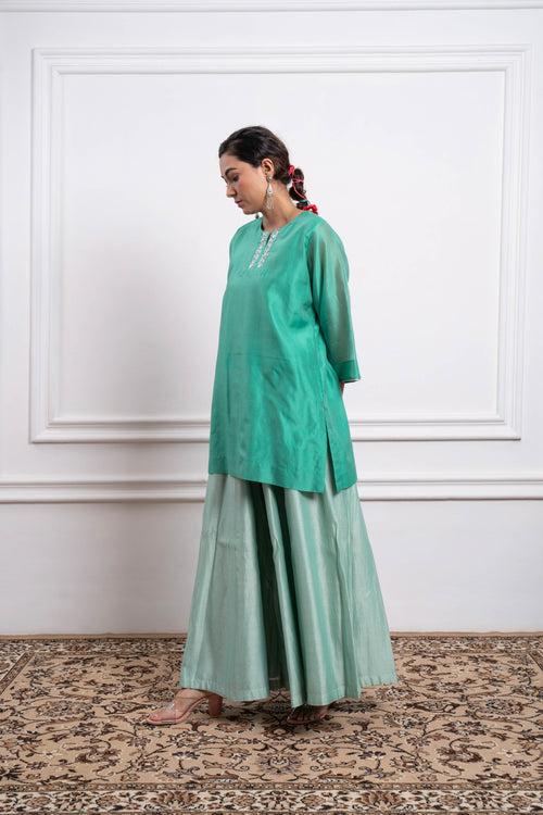 Aqua Short Kurta with Mint Flare Palazzo & Dupatta in Chanderi Handloom (Set of 3)