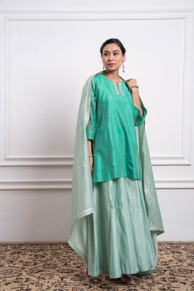 Aqua Short Kurta with Mint Flare Palazzo & Dupatta in Chanderi Handloom (Set of 3)