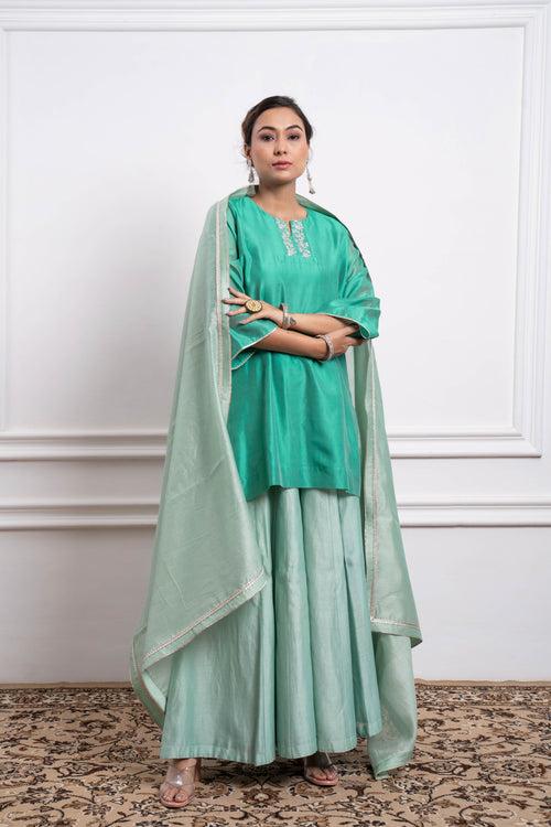 Aqua Short Kurta with Mint Flare Palazzo & Dupatta in Chanderi Handloom (Set of 3)