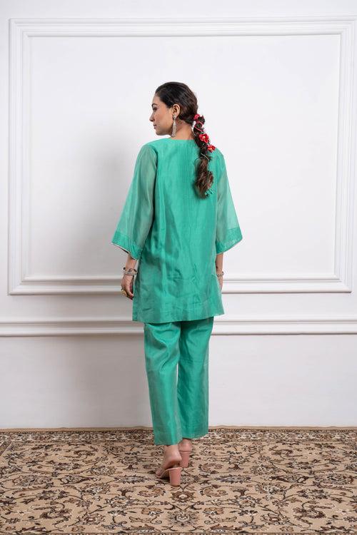 Aqua Embroidered Kurta & Pant Coord Set (Set of 2)