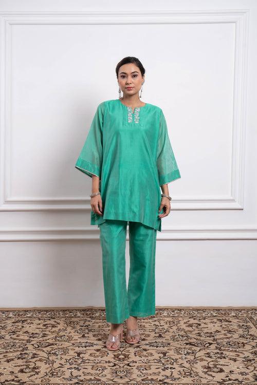 Aqua Embroidered Kurta & Pant Coord Set (Set of 2)