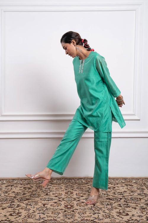 Aqua Embroidered Kurta & Pant Coord Set (Set of 2)