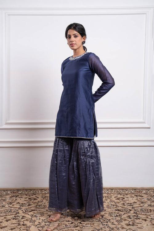 Embroidered Blue Chanderi Kurta & Gharara with Zari Stripe Dupatta (Set of 3)