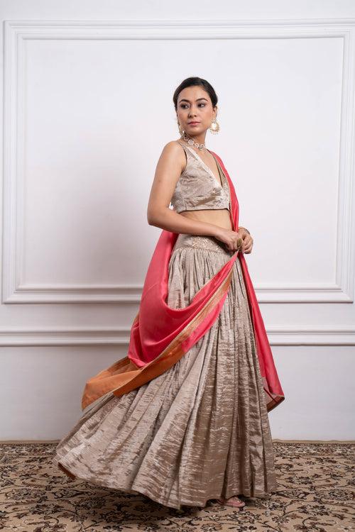 Beige Zari Lehenga Set with Color Block Dupatta in Brown and Pink Chanderi (Set of 3)