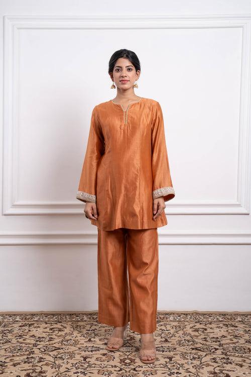 Saffron Brown Short Kurta & Pants Coord Set in Chanderi (Set of 2)