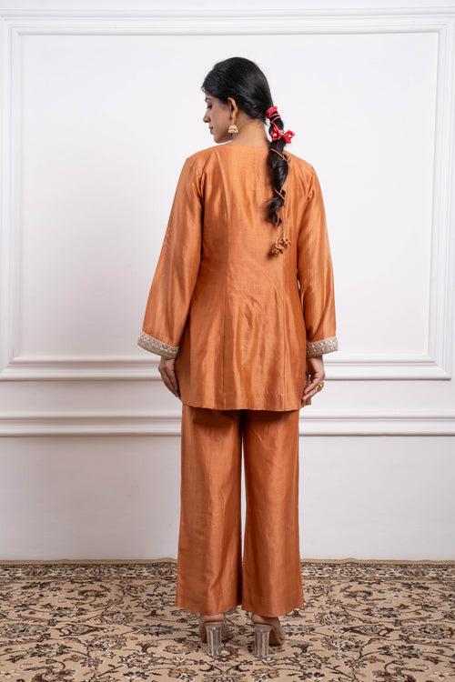 Saffron Brown Short Kurta & Pants Coord Set in Chanderi (Set of 2)