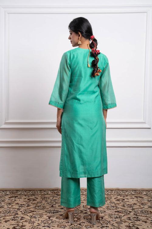 Embroidered Straight Kurta with Pants and Dupatta in Aqua Chanderi Handloom (Set of 3)