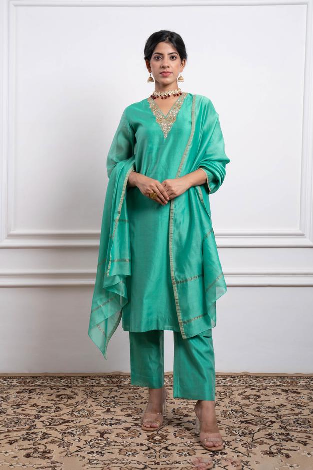 Embroidered Straight Kurta with Pants and Dupatta in Aqua Chanderi Handloom (Set of 3)