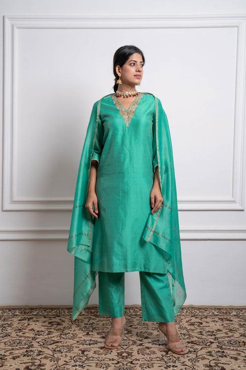 Embroidered Straight Kurta with Pants and Dupatta in Aqua Chanderi Handloom (Set of 3)