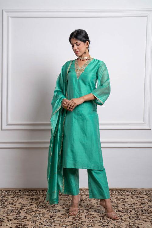 Embroidered Straight Kurta with Pants and Dupatta in Aqua Chanderi Handloom (Set of 3)