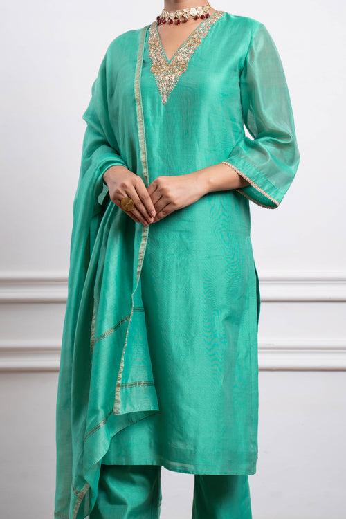 Embroidered Straight Kurta with Pants and Dupatta in Aqua Chanderi Handloom (Set of 3)