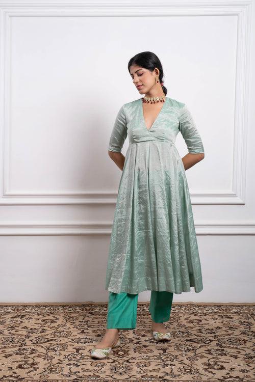 Mint Zari Anarkali with Aqua Pants and Dupatta in Chanderi Handloom (Set of 3)