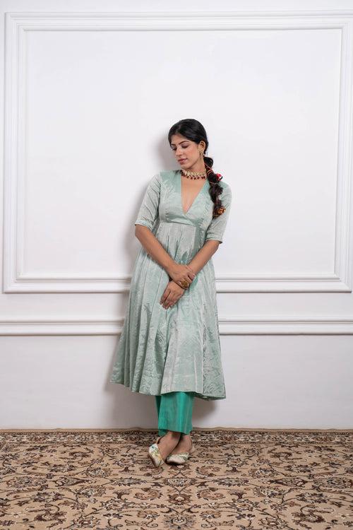 Mint Zari Anarkali with Aqua Pants and Dupatta in Chanderi Handloom (Set of 3)