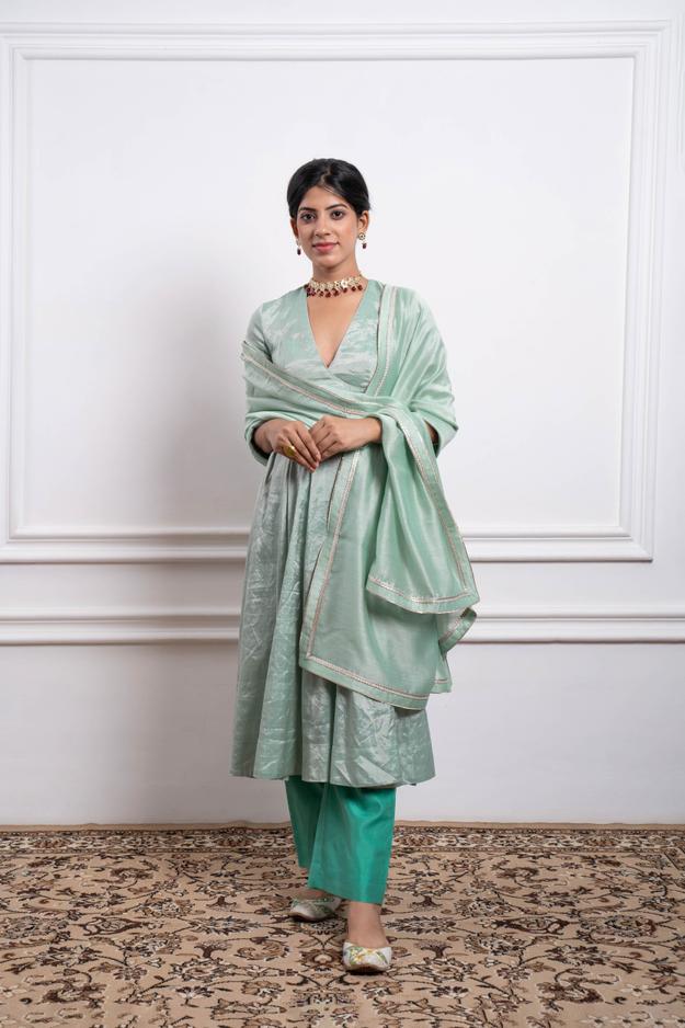 Mint Zari Anarkali with Aqua Pants and Dupatta in Chanderi Handloom (Set of 3)