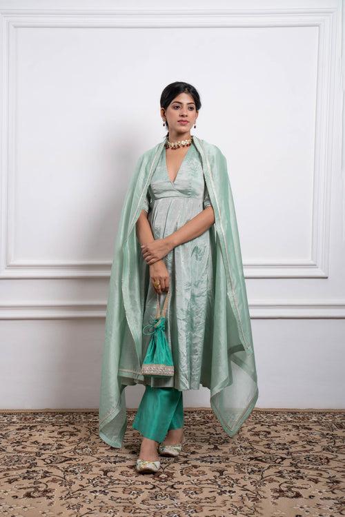 Mint Zari Anarkali with Aqua Pants and Dupatta in Chanderi Handloom (Set of 3)