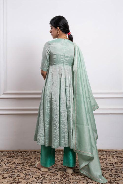 Mint Zari Anarkali with Aqua Pants and Dupatta in Chanderi Handloom (Set of 3)