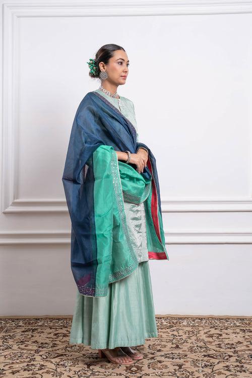 Mint Zari Silk Kurta with Chanderi Palazzo and Color Block Dupatta (Set of 3)