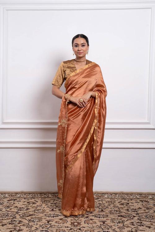 Embroidered Saffron Brown Silk Saree