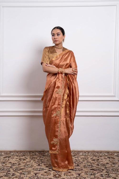 Embroidered Saffron Brown Silk Saree