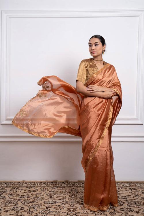 Embroidered Saffron Brown Silk Saree