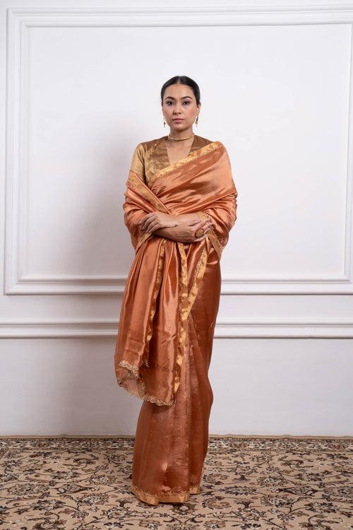 Embroidered Saffron Brown Silk Saree