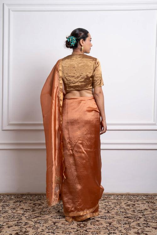 Embroidered Saffron Brown Silk Saree