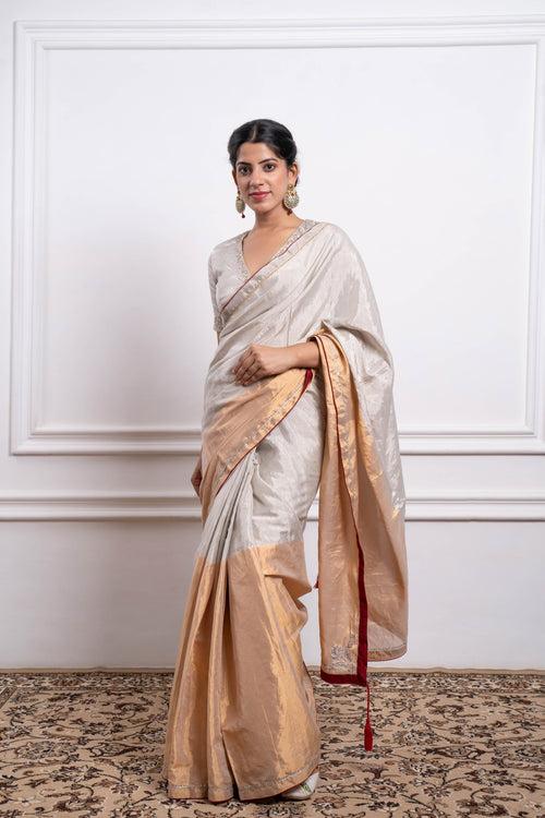 Embroidered Gold & Silver Zari Silk Saree & Blouse (Set of 2)