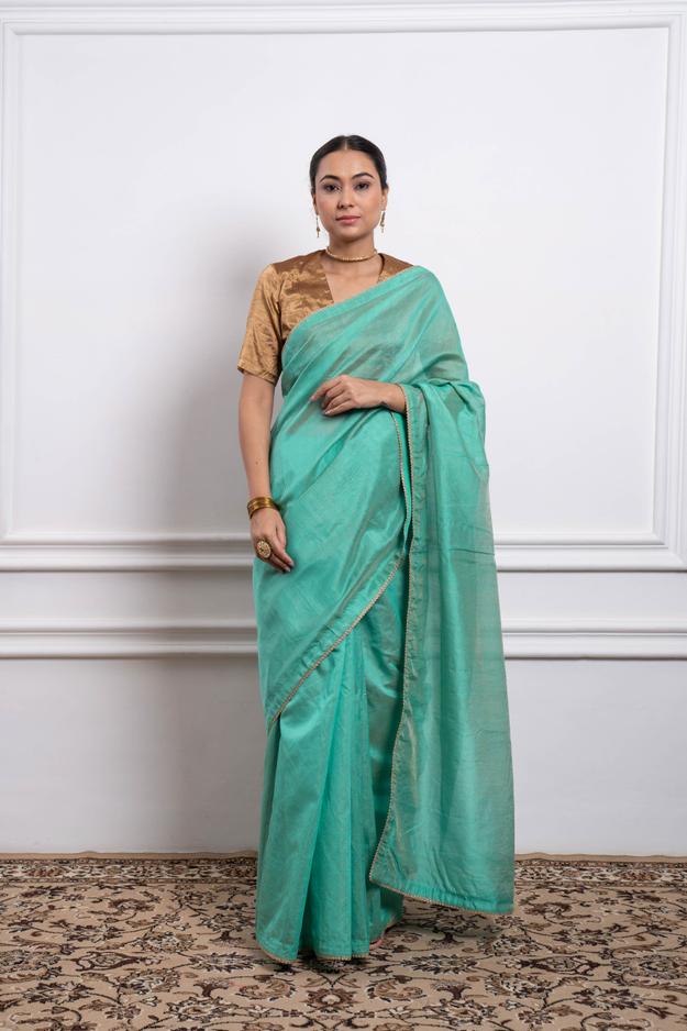 Aqua Striped Chanderi Saree with Gold Zari Blouse (Set of 2)