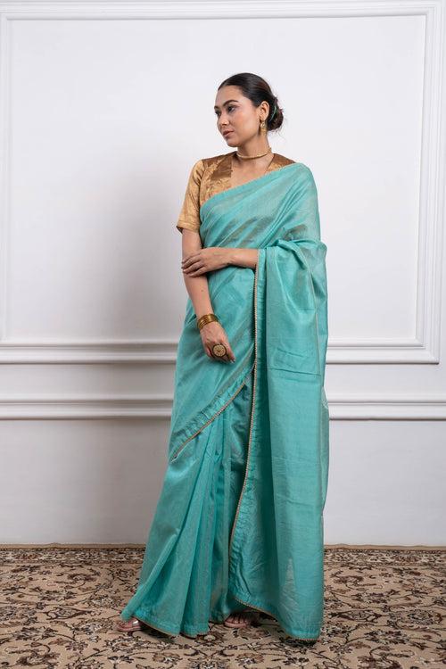 Aqua Striped Chanderi Saree with Gold Zari Blouse (Set of 2)