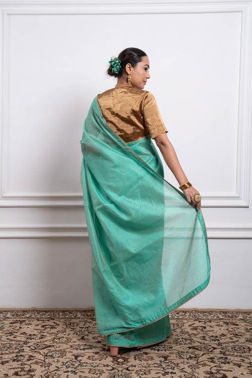 Aqua Striped Chanderi Saree with Gold Zari Blouse (Set of 2)