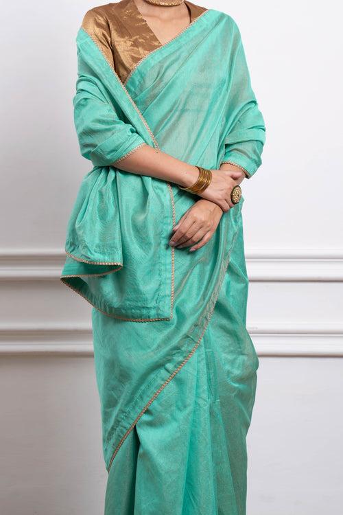 Aqua Striped Chanderi Saree with Gold Zari Blouse (Set of 2)