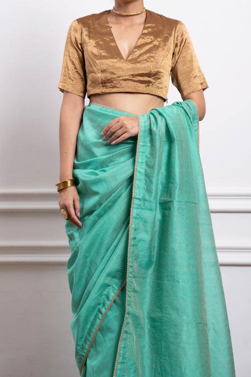 Aqua Striped Chanderi Saree with Gold Zari Blouse (Set of 2)