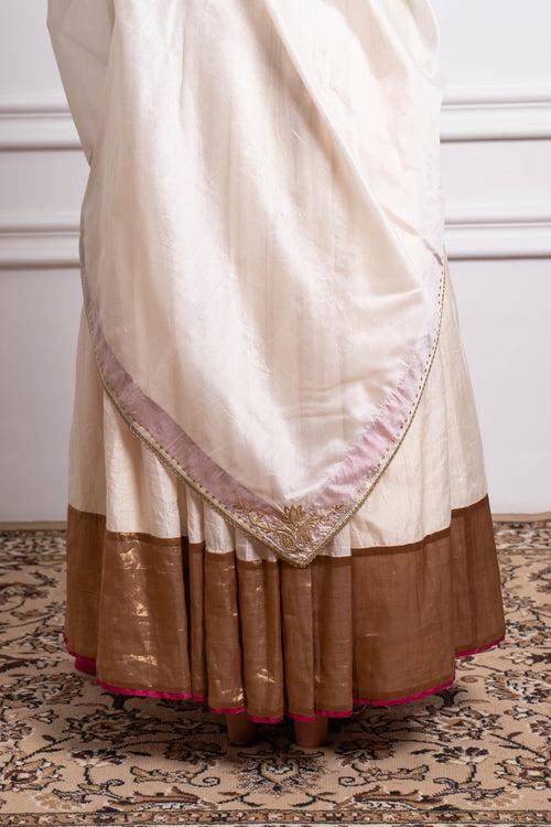 Ivory Stripe Chanderi Skirt with Gold Zari Blouse and Embroidered Dupatta (Set of 3)