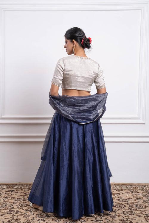 Blue Embroidered Skirt and Silver Zari Blouse with Striped Dupatta (Set of 3)