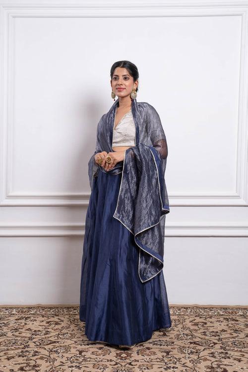 Blue Embroidered Skirt and Silver Zari Blouse with Striped Dupatta (Set of 3)