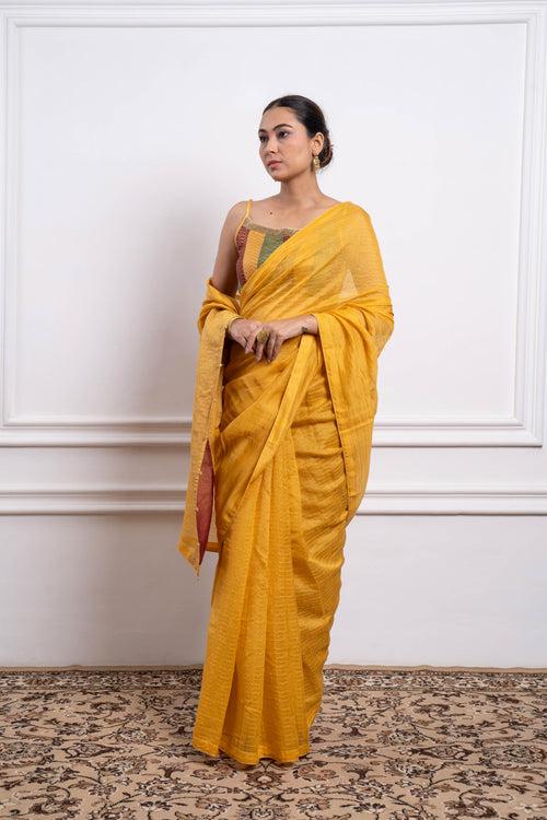 Multicolor Blouse with Yellow Striped Saree in Chanderi Handloom (Set of 2)