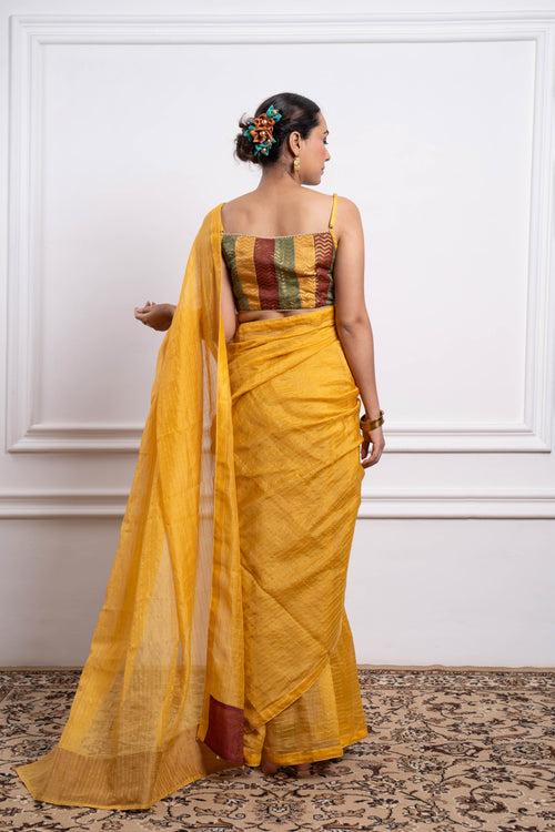 Multicolor Blouse with Yellow Striped Saree in Chanderi Handloom (Set of 2)