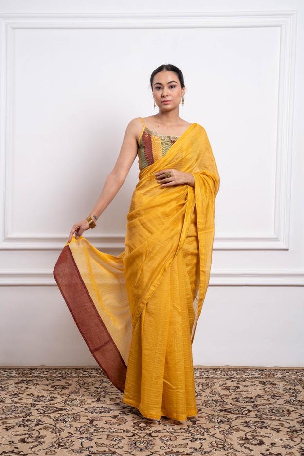 Multicolor Blouse with Yellow Striped Saree in Chanderi Handloom (Set of 2)