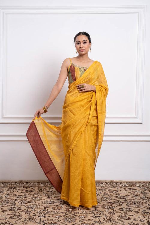 Multicolor Blouse with Yellow Striped Saree in Chanderi Handloom (Set of 2)