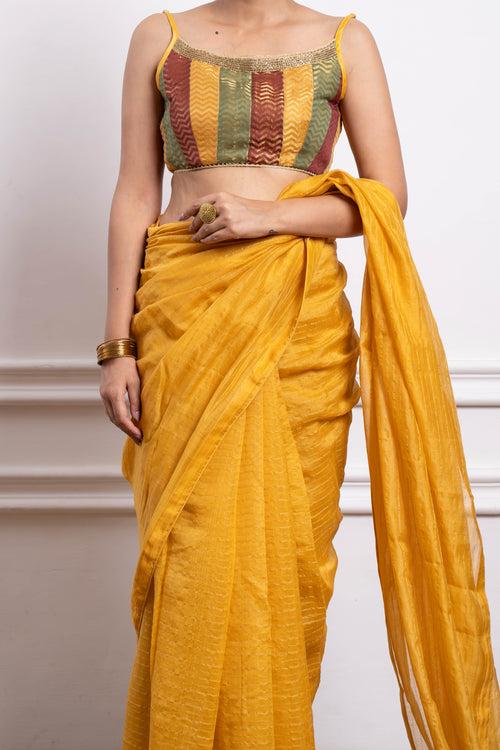 Multicolor Blouse with Yellow Striped Saree in Chanderi Handloom (Set of 2)