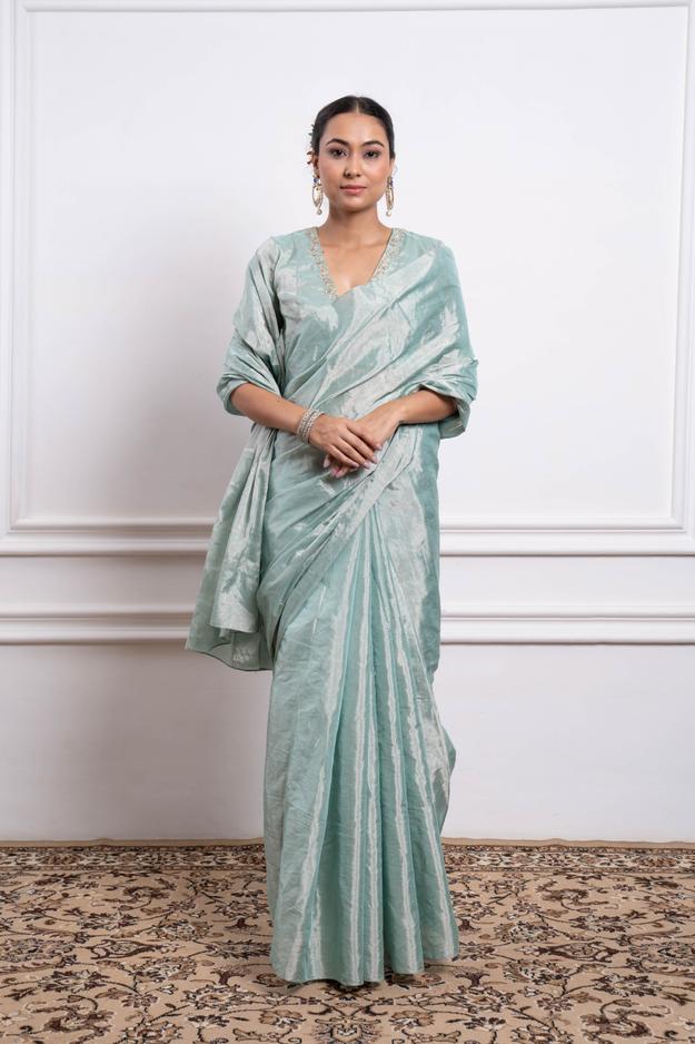 Mint Zari Silk Saree with Embroidered Blouse (Set of 2)