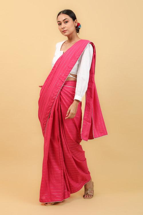 Pink Saree with Gota Details in Cotton With Silver Stripes