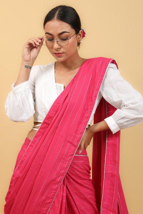 Pink Saree with Gota Details in Cotton With Silver Stripes