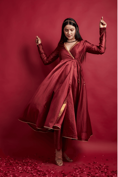 Maroon Anarkali Kurta & Pinstripe Pants in Chanderi Handloom & Gold Zari (Set of 2)