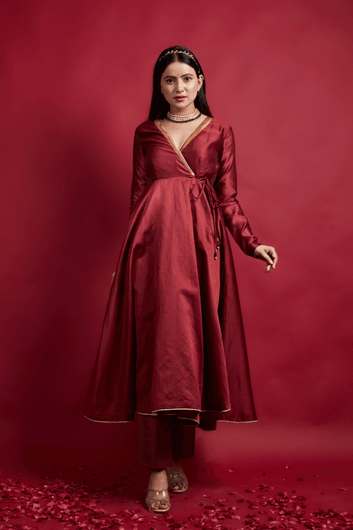 Maroon Anarkali Kurta & Pinstripe Pants in Chanderi Handloom & Gold Zari (Set of 2)