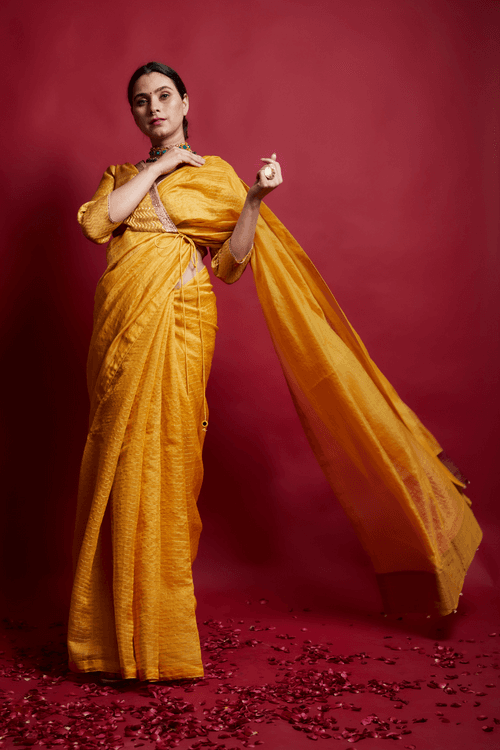 Turmeric Yellow & Gold Stripes Saree in Chanderi Handloom