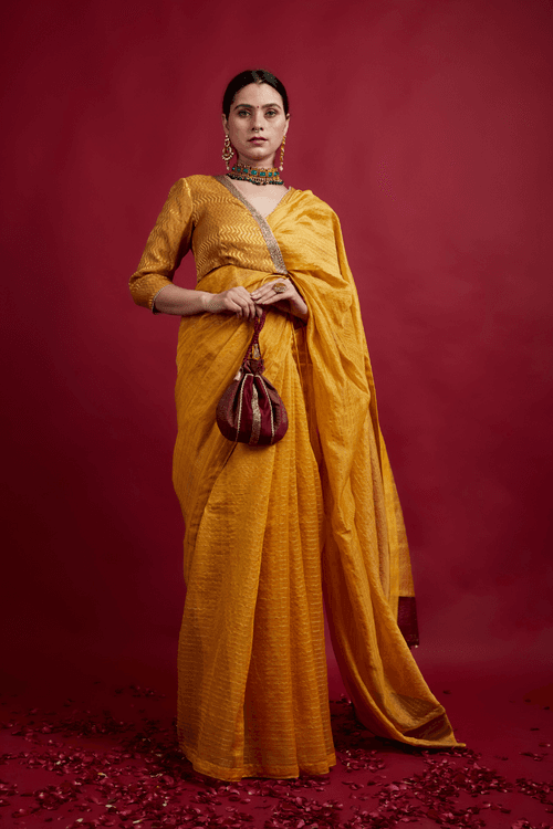 Turmeric Yellow & Gold Stripes Saree in Chanderi Handloom