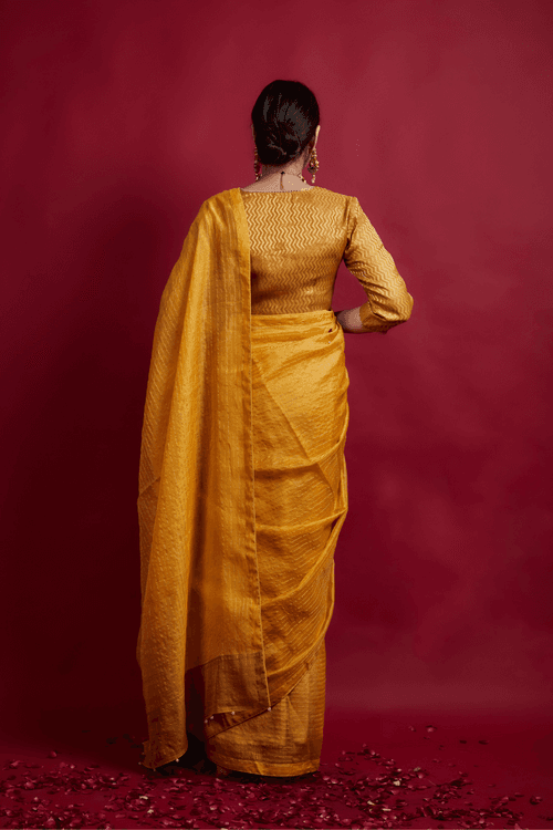 Coordinate Set- Turmeric Yellow & Gold Stripes Saree with Embroidered Wrap Blouse in Chanderi Handloom (Set Of 2)