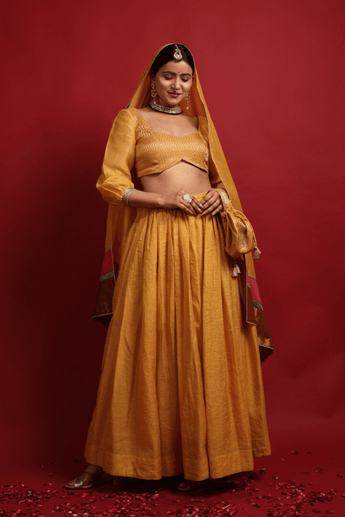 Turmeric Yellow Chanderi Handloom Lehanga Set, with Color Block Dupatta (Set of 3)