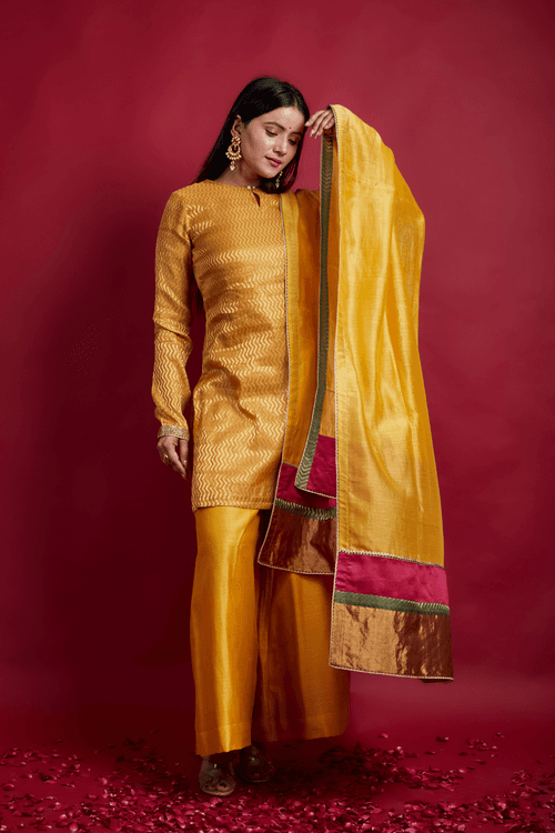 Zigzag Zari Weave Kurta, Palazzo with Dupatta in Turmeric Yellow Chanderi Handloom (Set of 3)